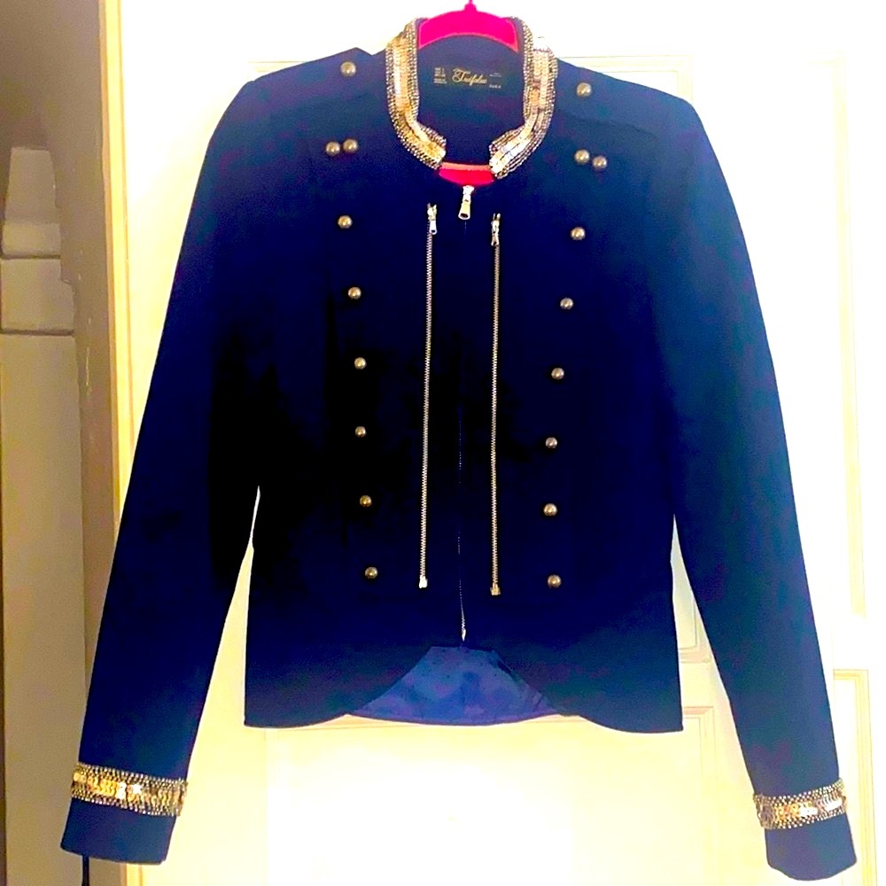 🌹Zara Trafaluc  EUC Beautifully Embellished Military Style Navy Blue/Silver Sz L